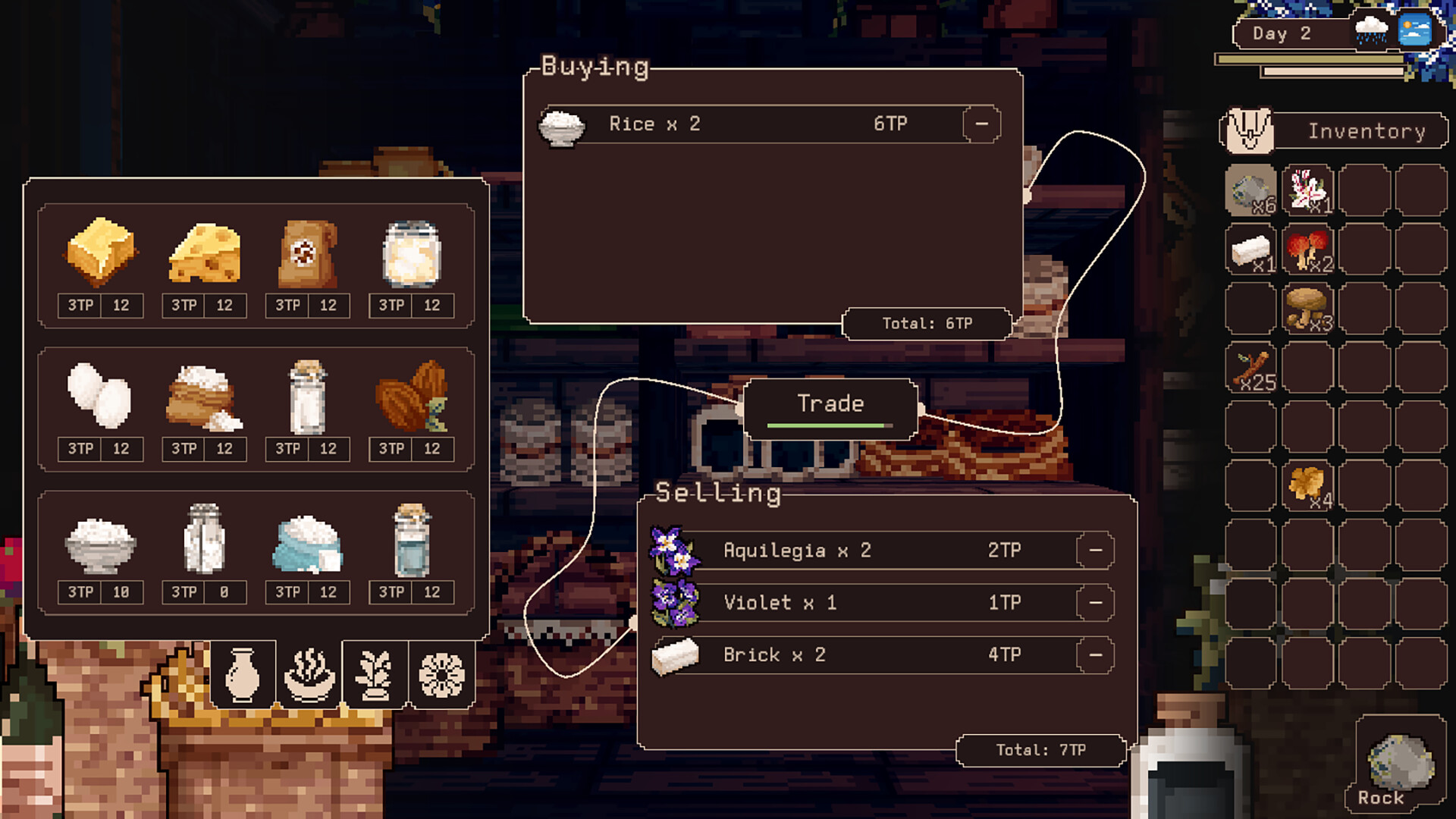 Delphinium shop interface with Buy and Sell panels, item lists and a Trade button