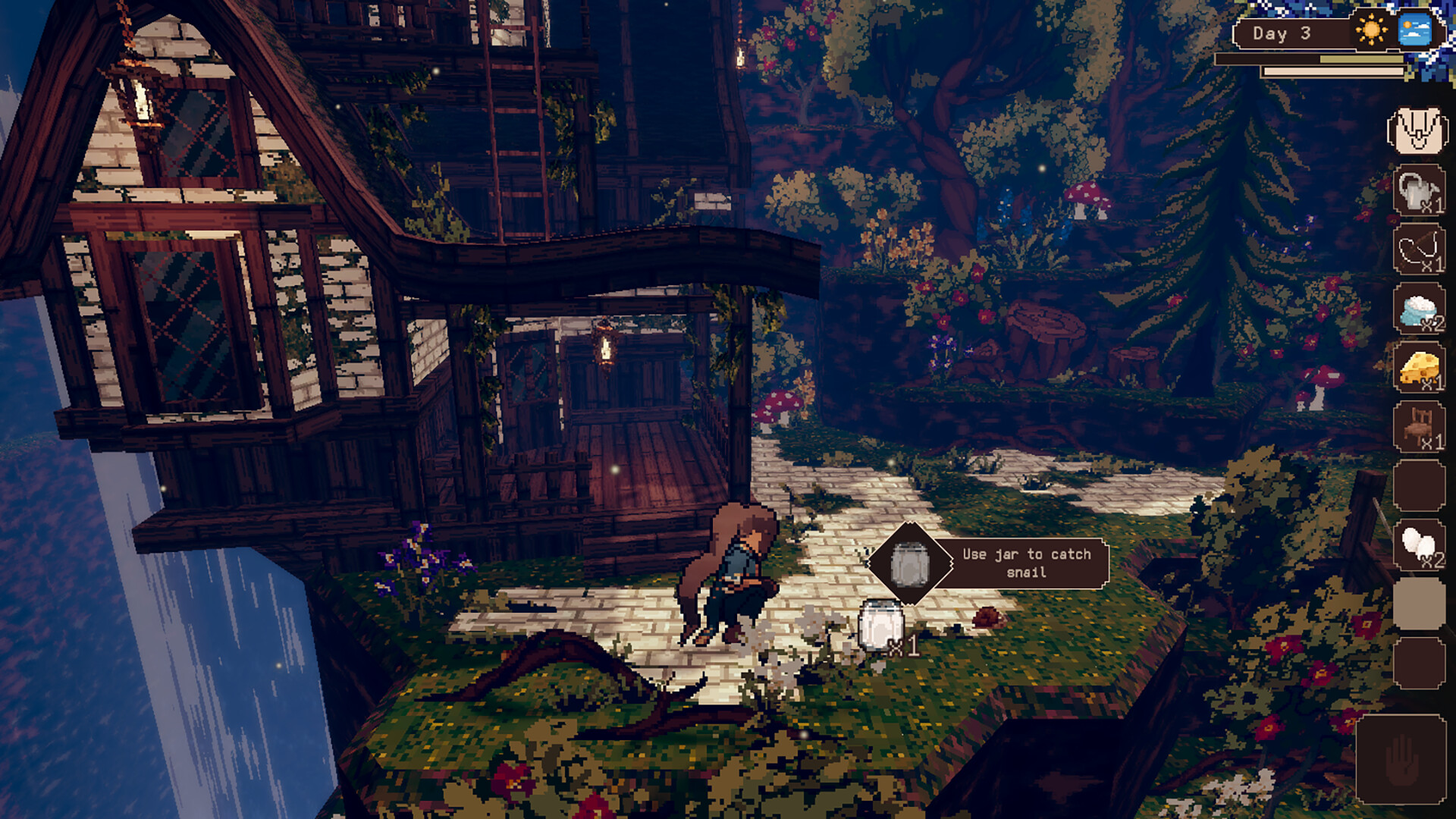 A wooden cliffside house and garden, with a character kneeling near a jar and snail