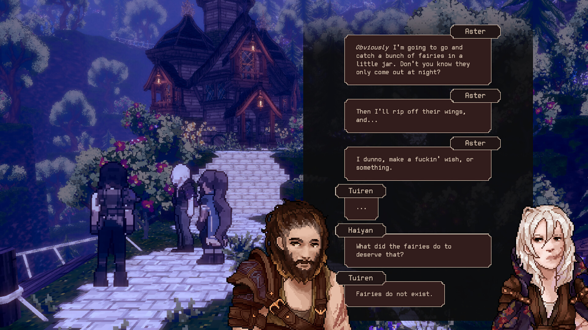Three characters on a stone path outside a wooden house, with dialogue panels on the right