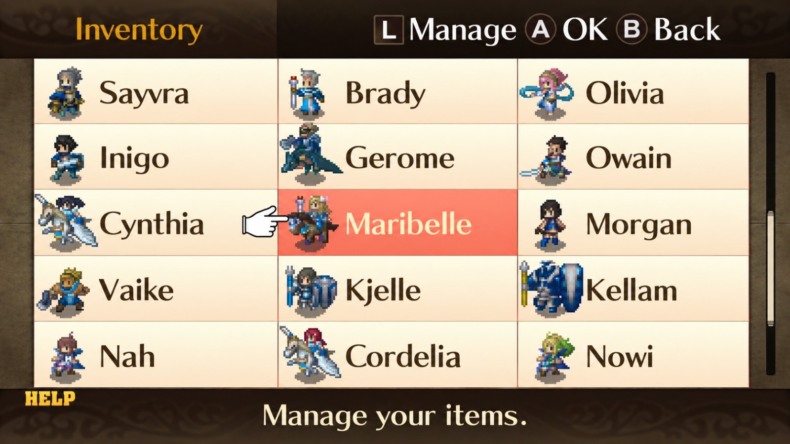Fire Emblem inventory screen