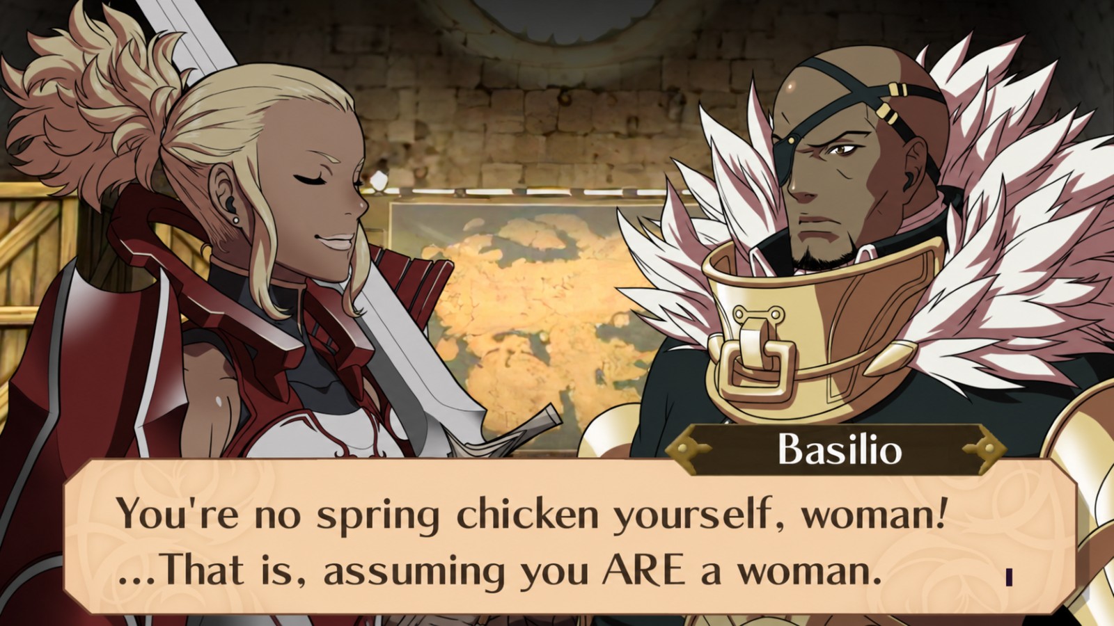 Fire Emblem Basilios battlefield dialogue screen
