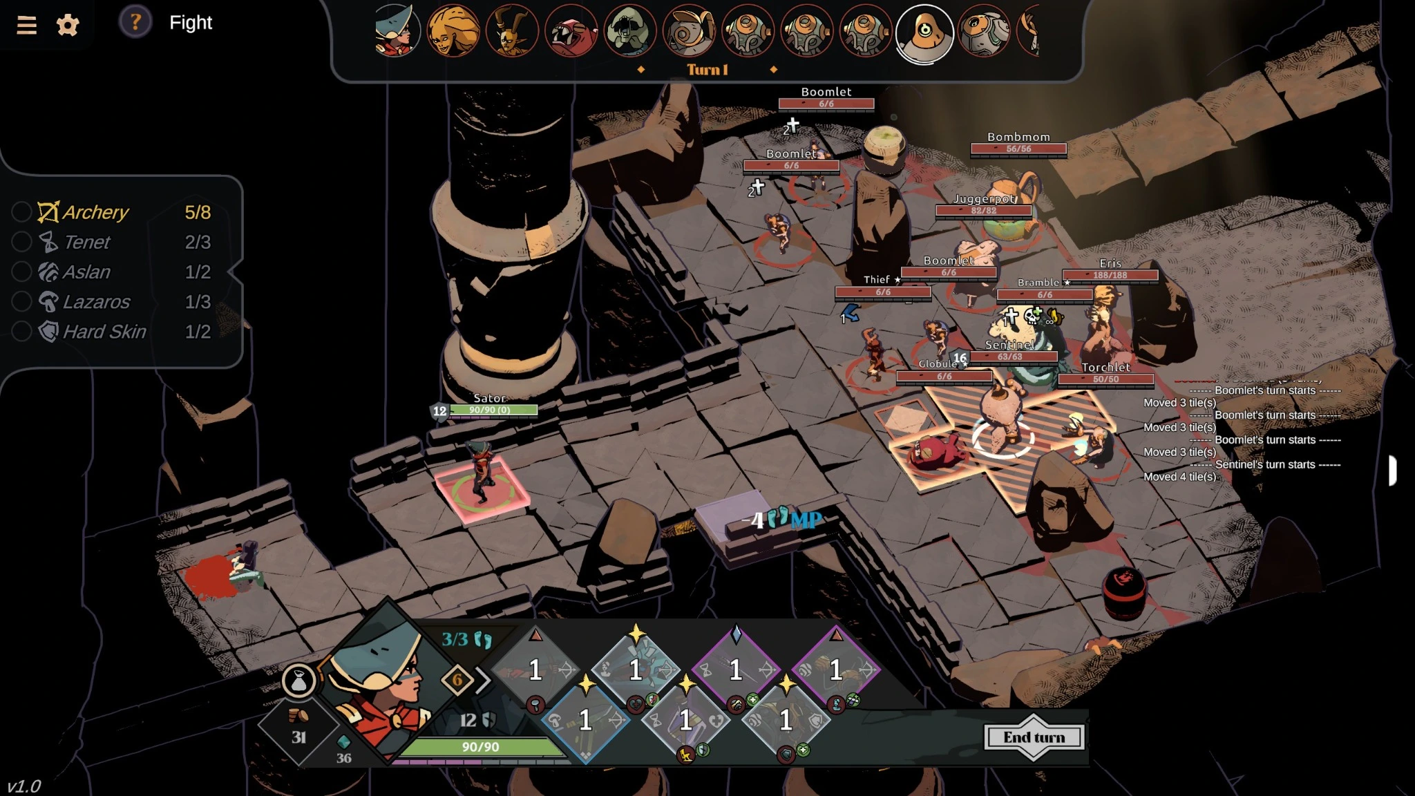 Deified battlefield showing enemy intentions and relic slots