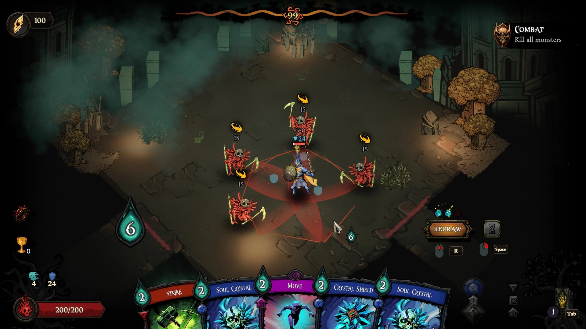 Golden Swirl tactical card combat against a group of skeletal enemies