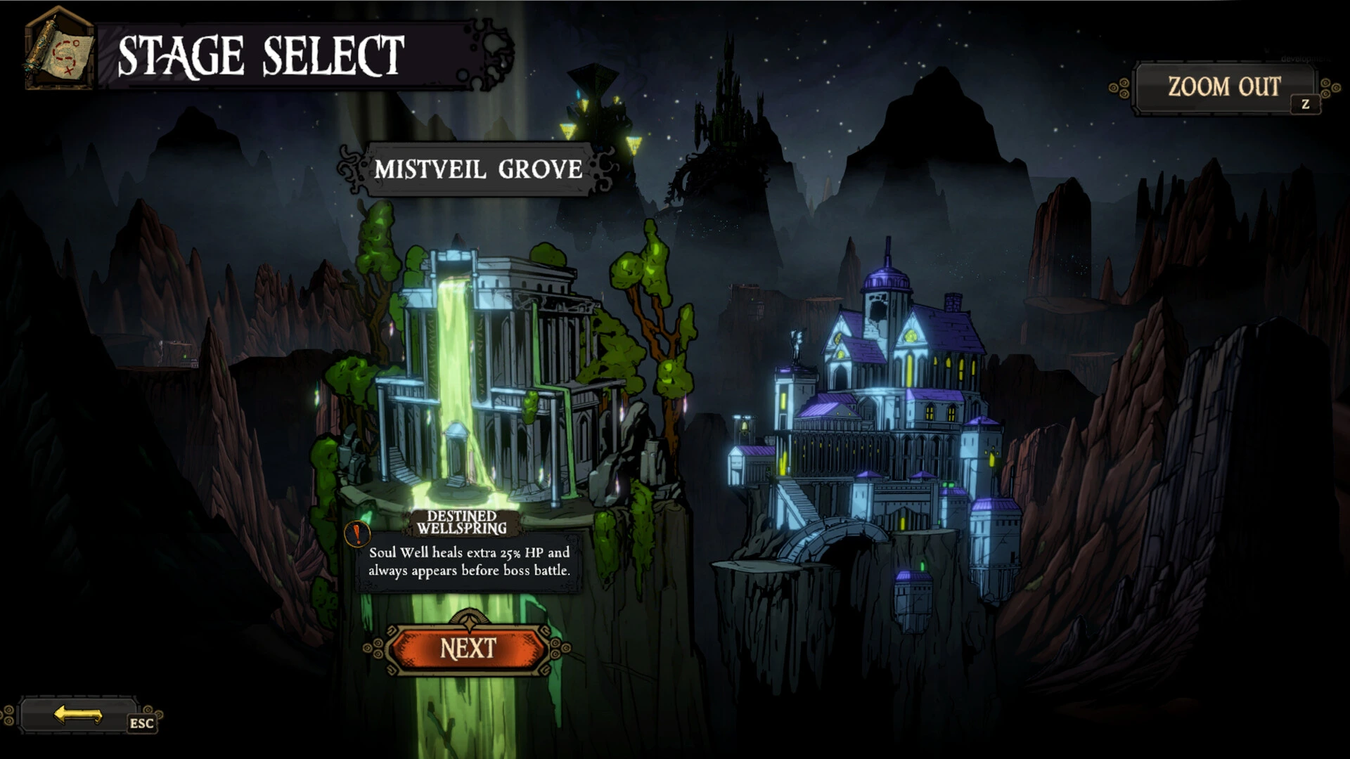 Golden Swirl stage selection showing Mistveil Grove and the Destined Wellspring upgrade