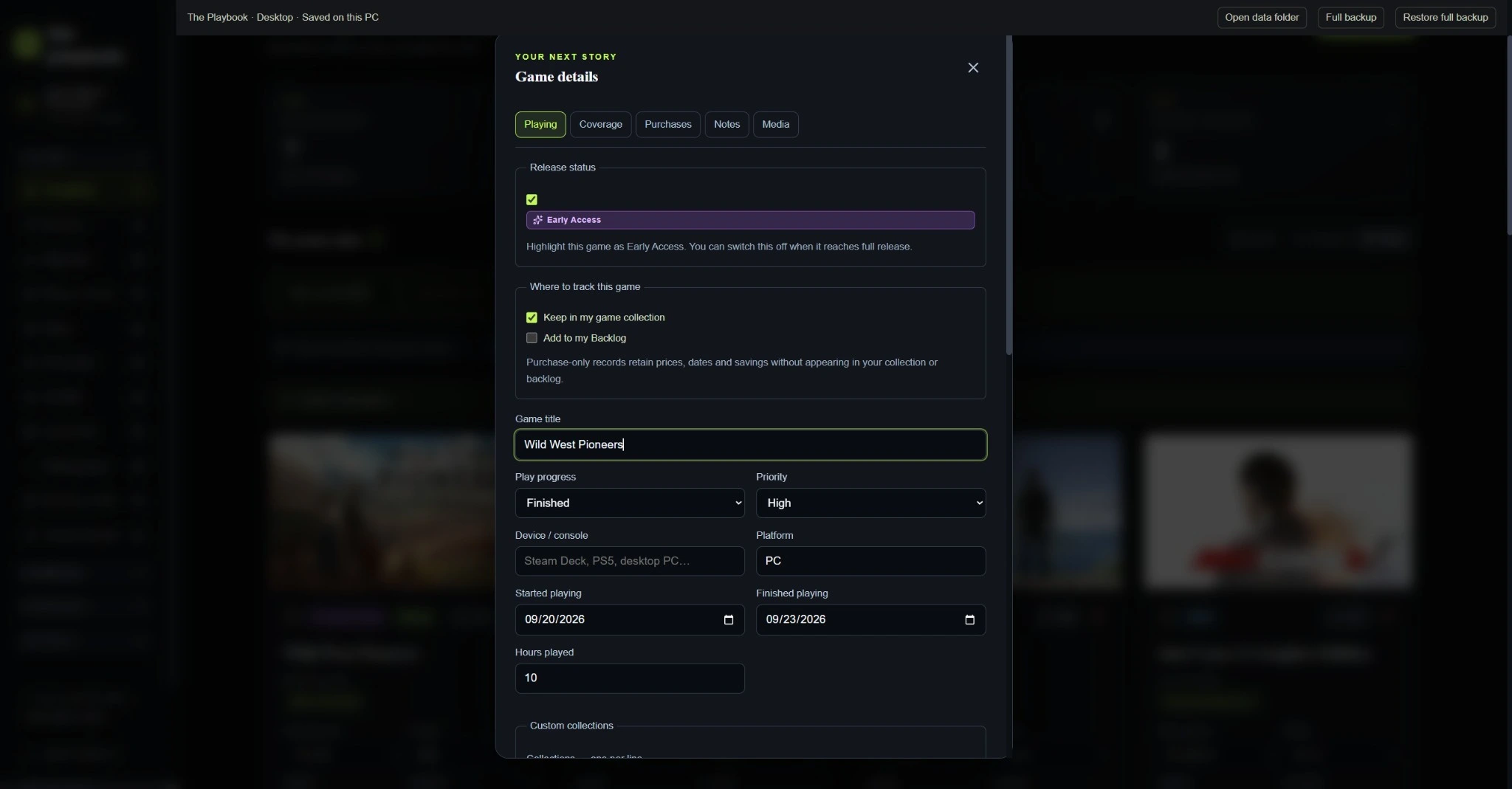 Game details — edit playthrough information, coverage, purchases, notes and media
