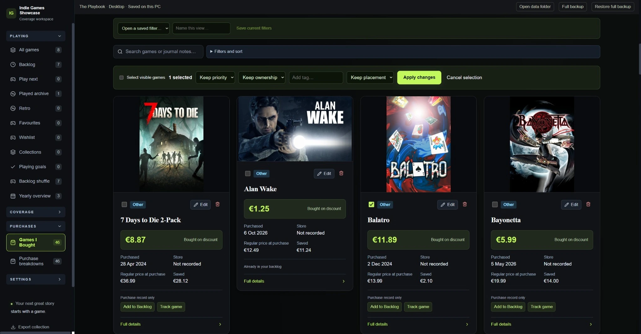 Purchase history — organise bought games, prices and savings