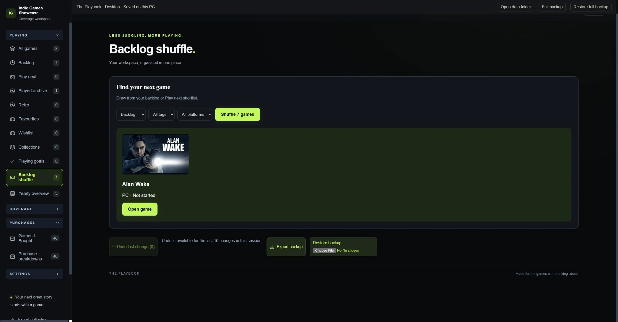 Backlog shuffle — choose your next game from your backlog or shortlist